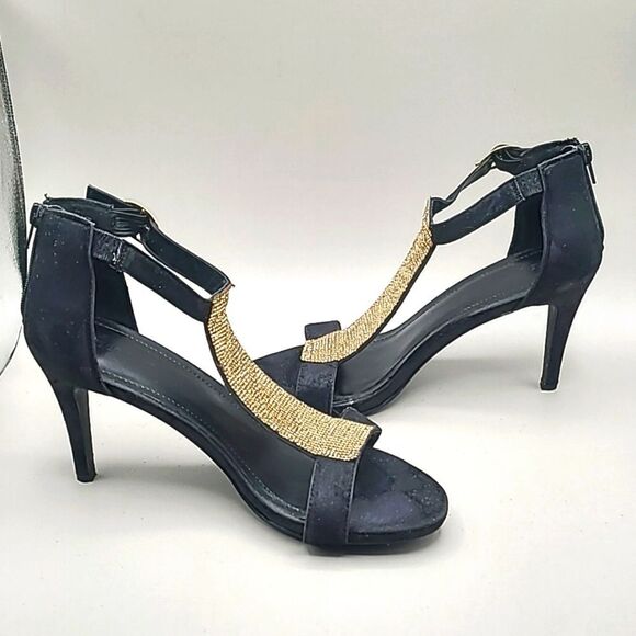 Lane Bryant Black Velvet Ankle Strap Heels with Gold Rhinestones, Size 10W - Picture 1 of 10